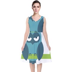 Owl Comic Animal V-neck Midi Sleeveless Dress  by Simbadda