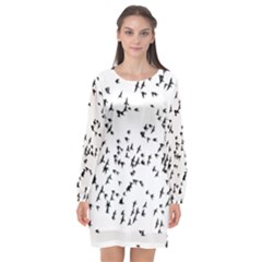 Flock Birds Animals Flying Long Sleeve Chiffon Shift Dress 