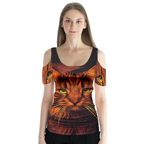 Cat Digiart Artistically Cute Butterfly Sleeve Cutout Tee  by Simbadda