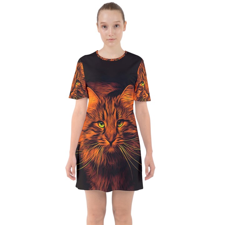 Cat Digiart Artistically Cute Sixties Short Sleeve Mini Dress