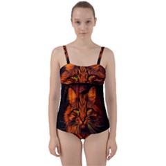 Cat Digiart Artistically Cute Twist Front Tankini Set by Simbadda