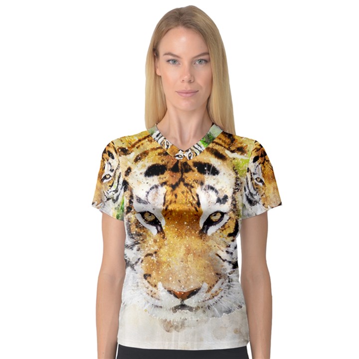 tiger Watercolor Colorful Animal V-Neck Sport Mesh Tee