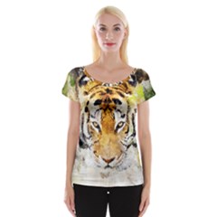 Tiger Watercolor Colorful Animal Cap Sleeve Tops by Simbadda