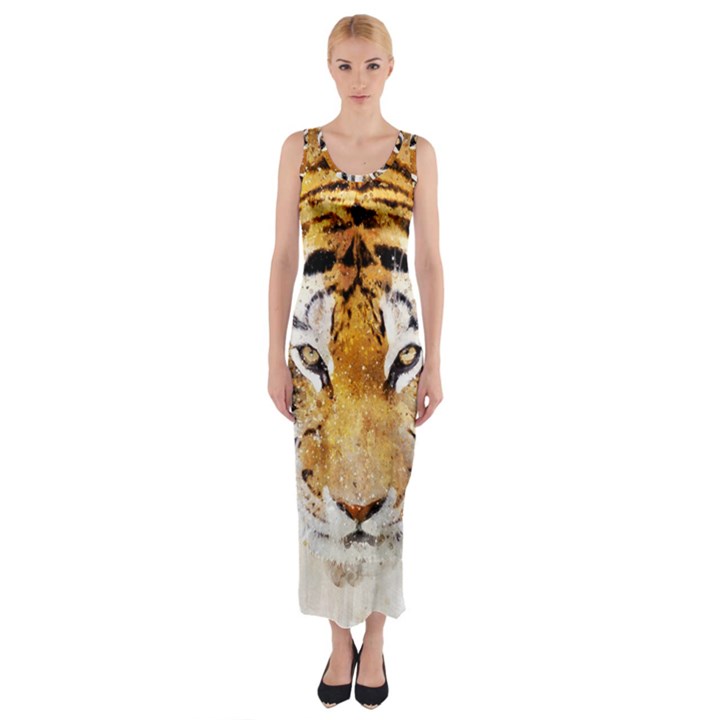 tiger Watercolor Colorful Animal Fitted Maxi Dress