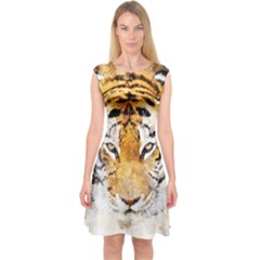 Tiger Watercolor Colorful Animal Capsleeve Midi Dress by Simbadda