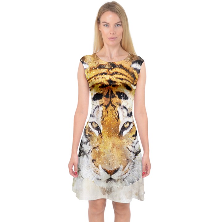 tiger Watercolor Colorful Animal Capsleeve Midi Dress