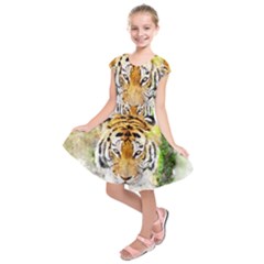 Tiger Watercolor Colorful Animal Kids  Short Sleeve Dress