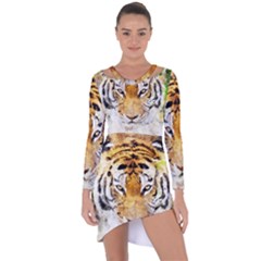 Tiger Watercolor Colorful Animal Asymmetric Cut-out Shift Dress by Simbadda