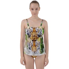 Tiger Watercolor Colorful Animal Twist Front Tankini Set by Simbadda