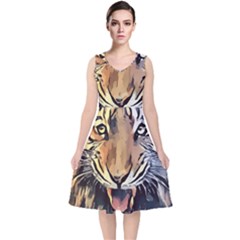 Tiger Animal Teeth Nature Design V-neck Midi Sleeveless Dress 