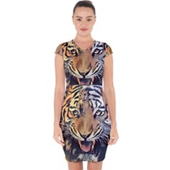 Tiger Animal Teeth Nature Design Capsleeve Drawstring Dress 