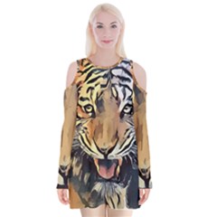 Tiger Animal Teeth Nature Design Velvet Long Sleeve Shoulder Cutout Dress