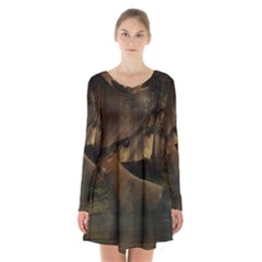 Mammal Nature Wood Tree Waters Long Sleeve Velvet V-neck Dress by Simbadda