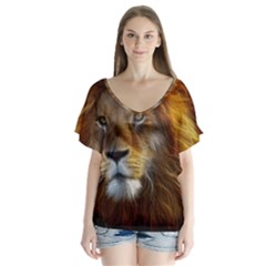 Fractalius Big Cat Animal V-neck Flutter Sleeve Top by Simbadda