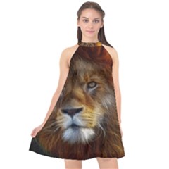 Fractalius Big Cat Animal Halter Neckline Chiffon Dress 