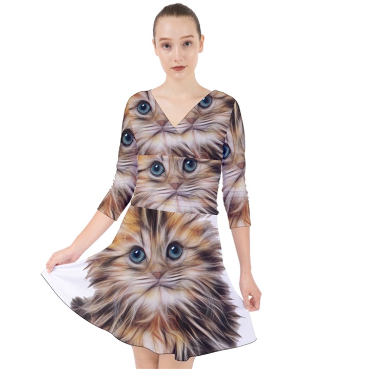 Kitten Mammal Animal Young Cat Quarter Sleeve Front Wrap Dress