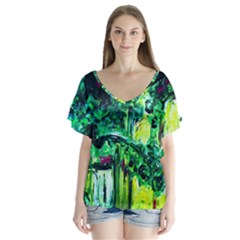 Old Tree And House With An Arch 3 V-neck Flutter Sleeve Top by bestdesignintheworld