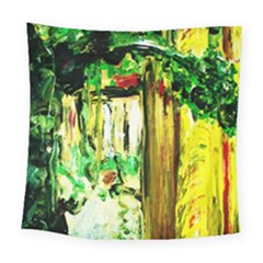 Old Tree And House With An Arch 4 Square Tapestry (large) by bestdesignintheworld