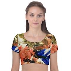 Pagoda And Calligraphy Velvet Short Sleeve Crop Top 