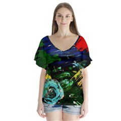 Tumble Weed And Blue Rose 1 V-neck Flutter Sleeve Top by bestdesignintheworld