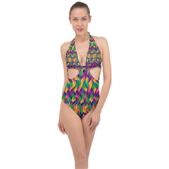 Artwork By Patrick-colorful-44 Halter Front Plunge Swimsuit