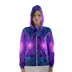 Blown Glass Flower Of An Electricblue Fractal Iris Hooded Windbreaker (women) by jayaprime