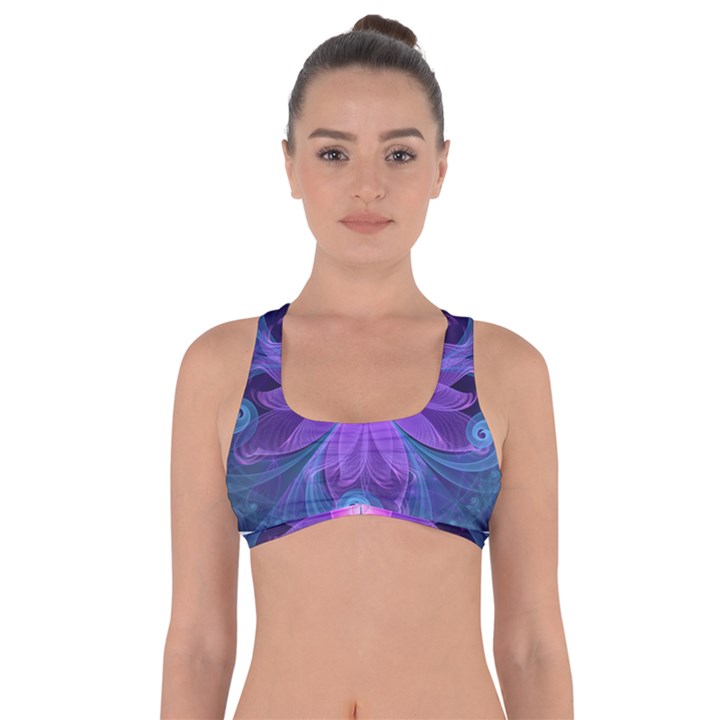 Blown Glass Flower of an ElectricBlue Fractal Iris Got No Strings Sports Bra