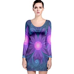 Blown Glass Flower Of An Electricblue Fractal Iris Long Sleeve Velvet Bodycon Dress by jayaprime