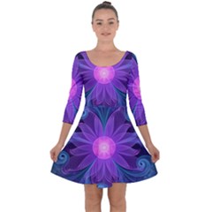 Blown Glass Flower Of An Electricblue Fractal Iris Quarter Sleeve Skater Dress by jayaprime