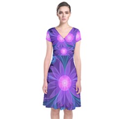 Blown Glass Flower Of An Electricblue Fractal Iris Short Sleeve Front Wrap Dress by jayaprime