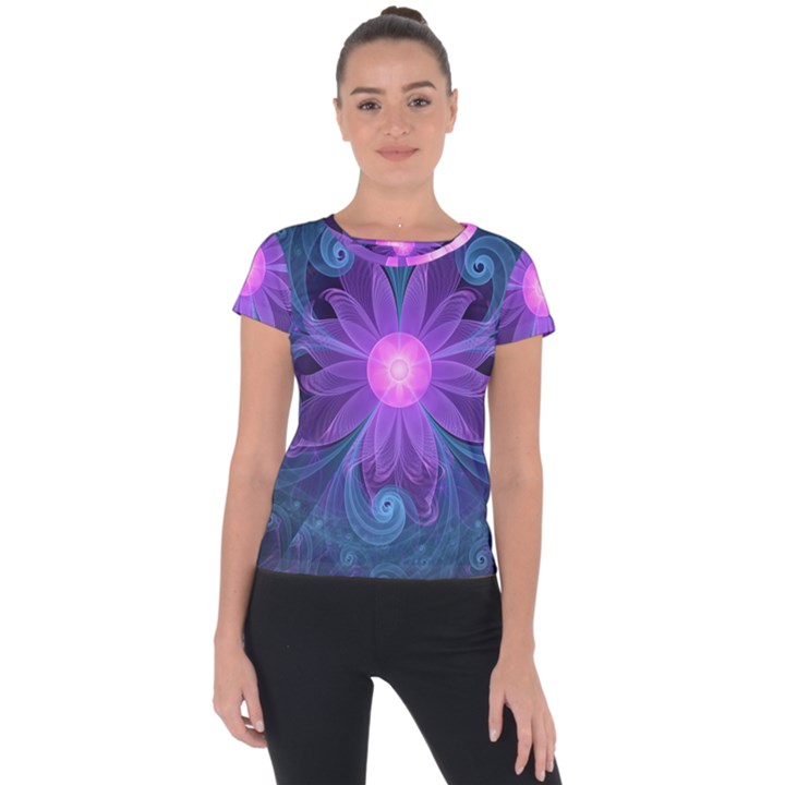 Blown Glass Flower of an ElectricBlue Fractal Iris Short Sleeve Sports Top 