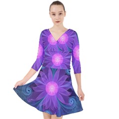 Blown Glass Flower Of An Electricblue Fractal Iris Quarter Sleeve Front Wrap Dress by jayaprime