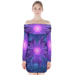 Blown Glass Flower Of An Electricblue Fractal Iris Long Sleeve Off Shoulder Dress by jayaprime