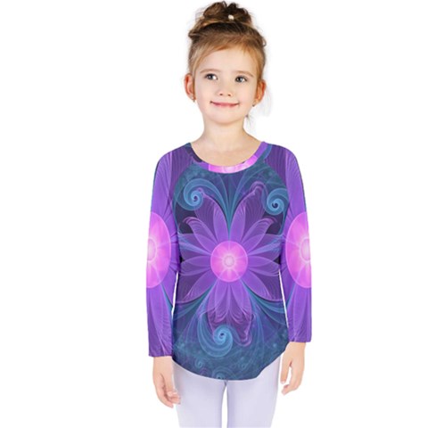 Blown Glass Flower Of An Electricblue Fractal Iris Kids  Long Sleeve Tee by jayaprime