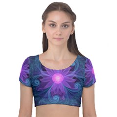 Blown Glass Flower Of An Electricblue Fractal Iris Velvet Short Sleeve Crop Top  by jayaprime