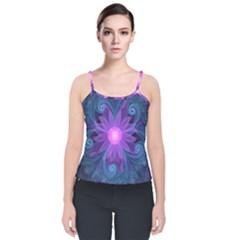 Blown Glass Flower Of An Electricblue Fractal Iris Velvet Spaghetti Strap Top by jayaprime