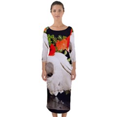 Animal Skull With A Wreath Of Wild Flower Quarter Sleeve Midi Bodycon Dress