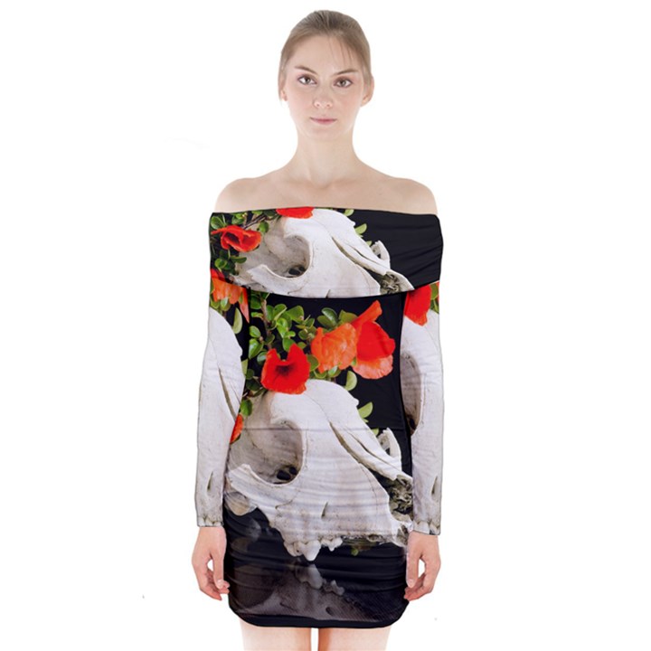 Animal skull with a wreath of wild flower Long Sleeve Off Shoulder Dress