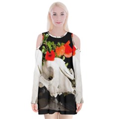 Animal Skull With A Wreath Of Wild Flower Velvet Long Sleeve Shoulder Cutout Dress