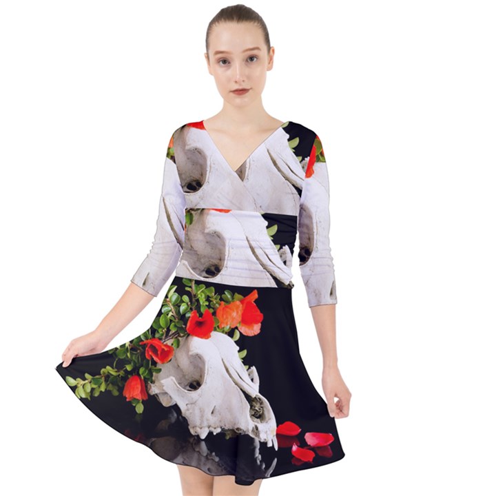 Animal skull with a wreath of wild flower Quarter Sleeve Front Wrap Dress