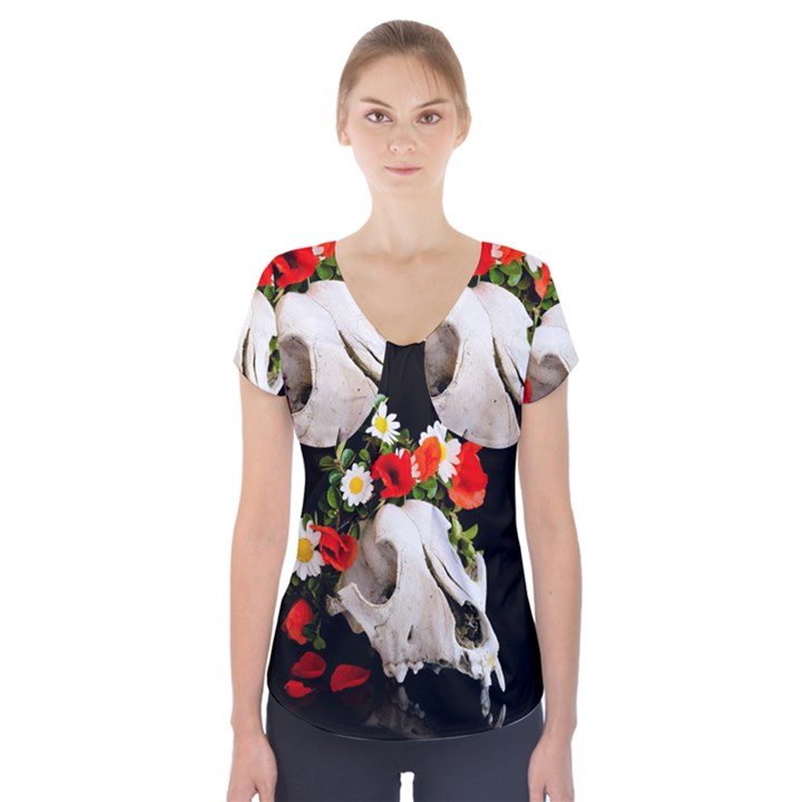 Animal skull with a wreath of wild flower Short Sleeve Front Detail Top