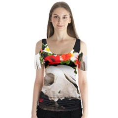 Animal Skull With A Wreath Of Wild Flower Butterfly Sleeve Cutout Tee 