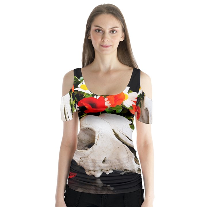 Animal skull with a wreath of wild flower Butterfly Sleeve Cutout Tee 