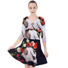 Animal Skull With A Wreath Of Wild Flower Quarter Sleeve Front Wrap Dress by igorsin