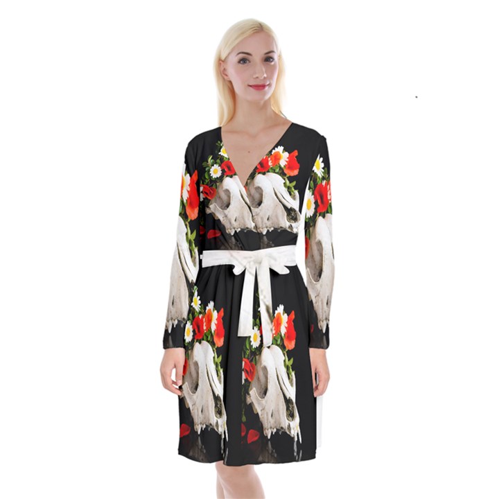 Animal skull with a wreath of wild flower Long Sleeve Velvet Front Wrap Dress