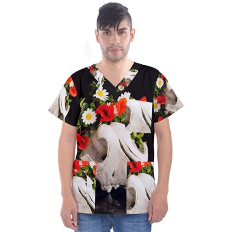 Animal Skull With A Wreath Of Wild Flower Men s V-neck Scrub Top by igorsin