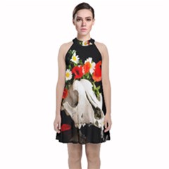 Animal Skull With A Wreath Of Wild Flower Velvet Halter Neckline Dress 