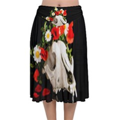 Animal Skull With A Wreath Of Wild Flower Velvet Flared Midi Skirt