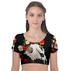 Animal Skull With A Wreath Of Wild Flower Velvet Short Sleeve Crop Top  by igorsin