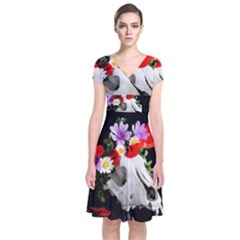 Animal Skull With A Wreath Of Wild Flower Short Sleeve Front Wrap Dress by igorsin